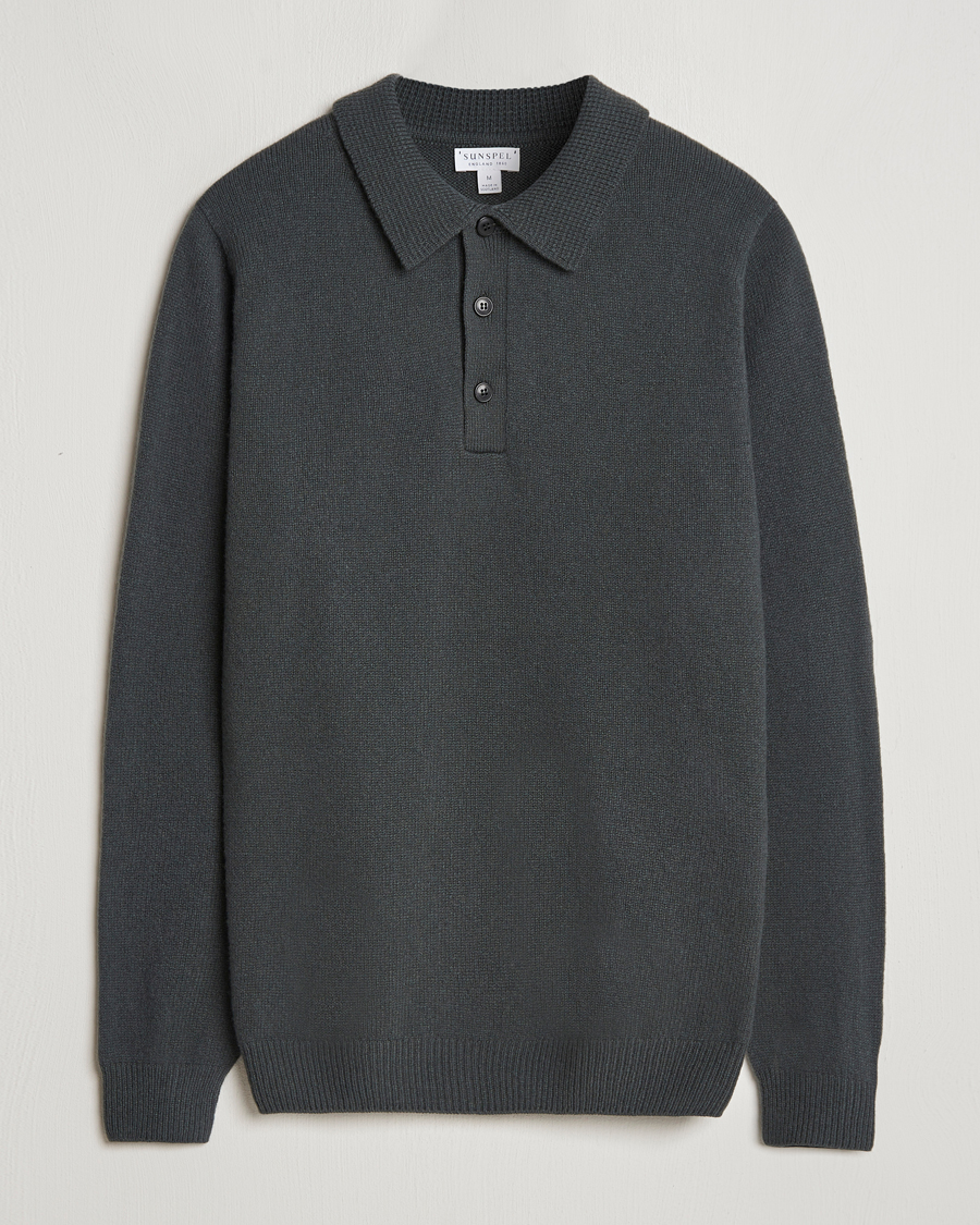 Heren | Truien | Sunspel | Lambswool Poloshirt Drill Green