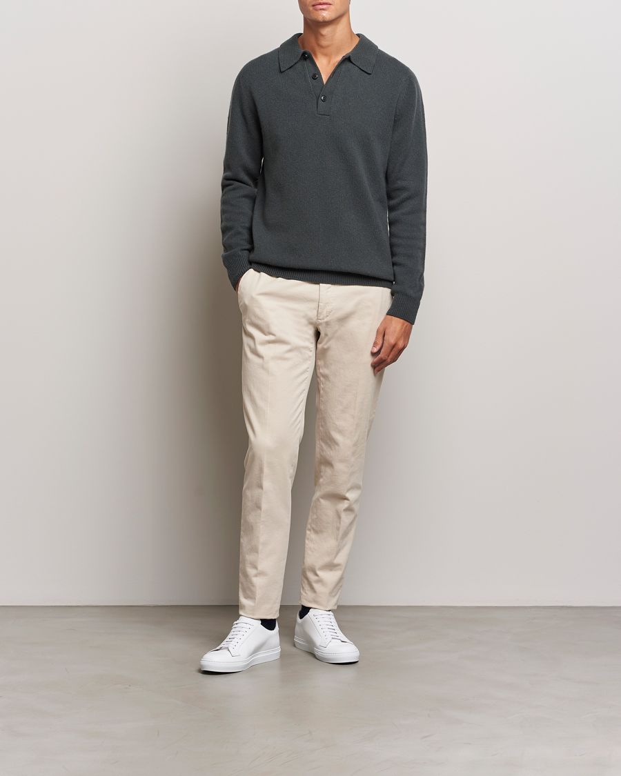 Heren | Truien | Sunspel | Lambswool Poloshirt Drill Green