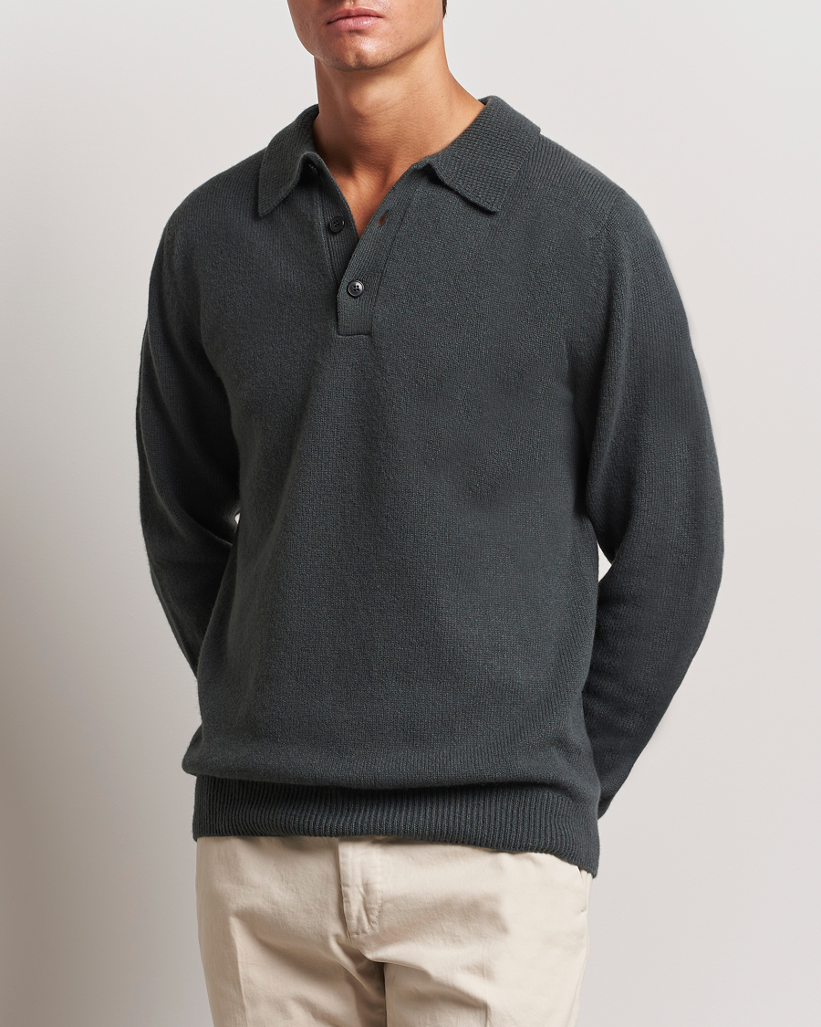 Heren | Truien | Sunspel | Lambswool Poloshirt Drill Green