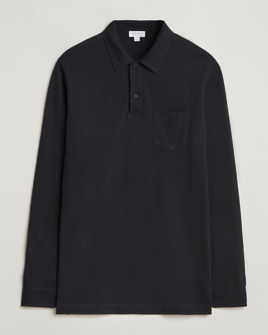 Heren | Truien | Sunspel | Riviera Long Sleeve Polo Black