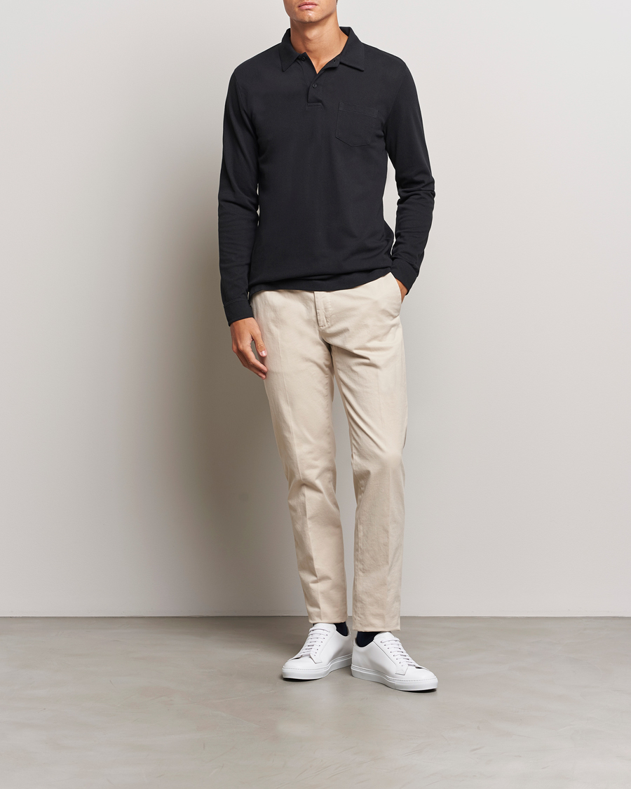 Heren | Truien | Sunspel | Riviera Long Sleeve Polo Black