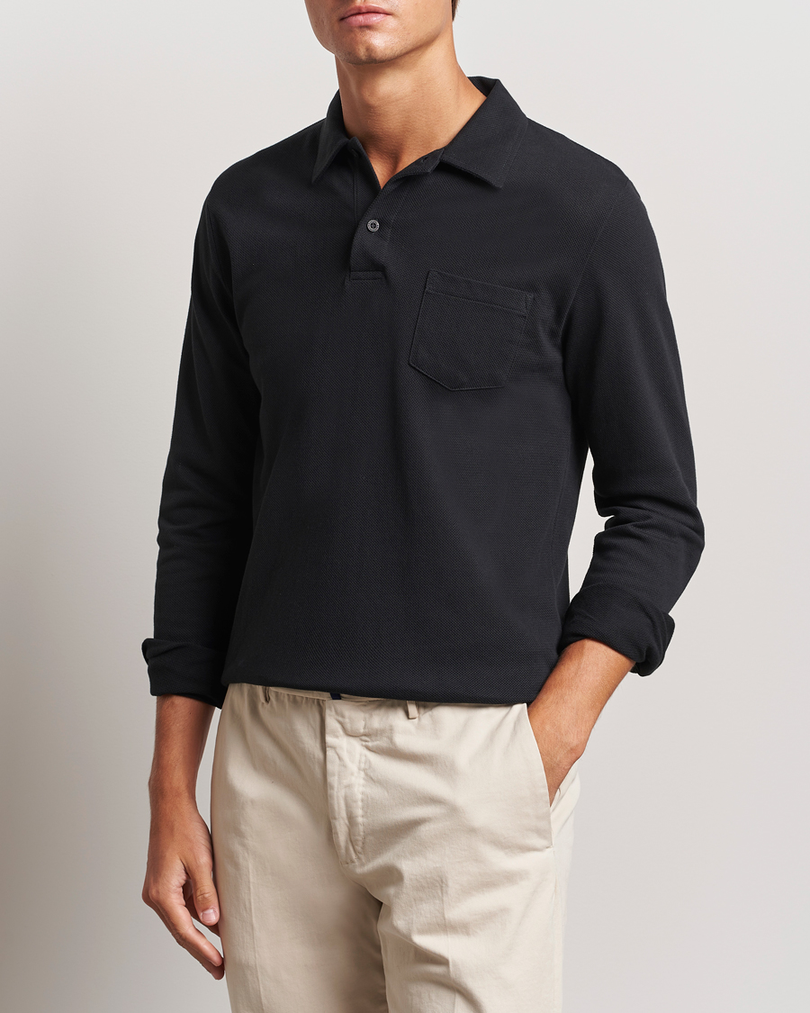 Heren | Truien | Sunspel | Riviera Long Sleeve Polo Black