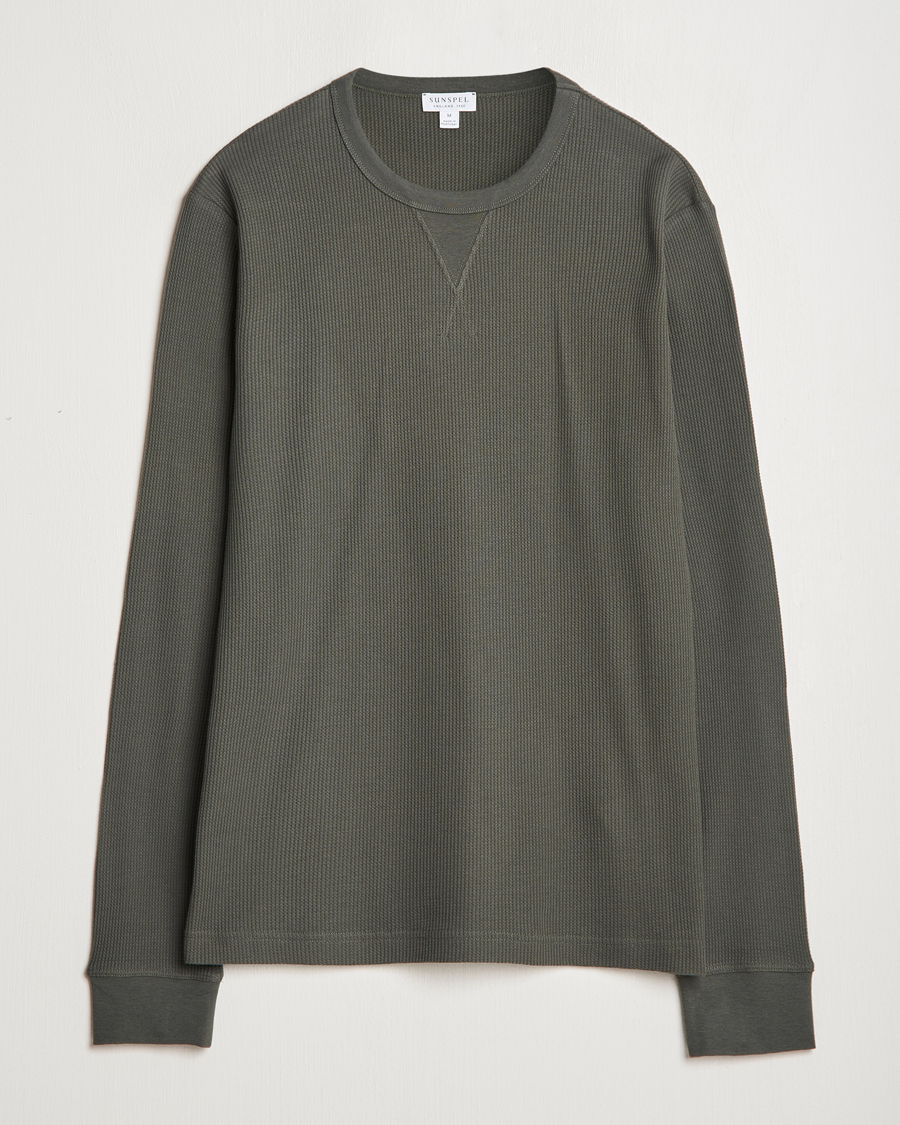 Heren | T-shirts | Sunspel | Long Sleeve Waffle T-Shirt Drill Green
