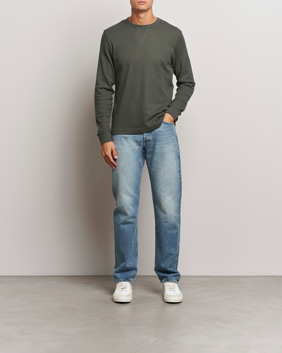 Heren | T-shirts | Sunspel | Long Sleeve Waffle T-Shirt Drill Green