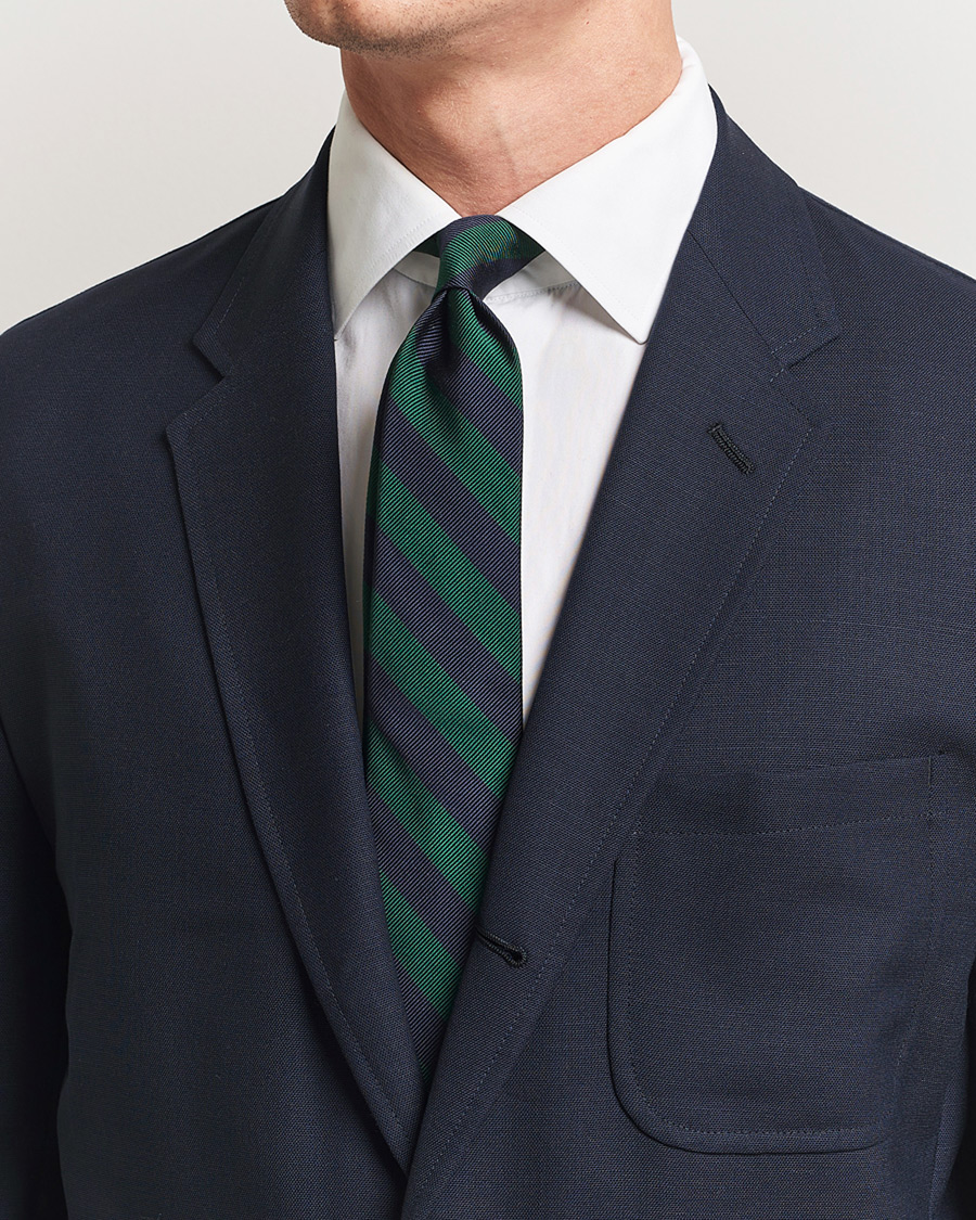 Heren | Kamakura Shirts Vintage Ivy Regimental Stripe Silk Tie Navy/Green | Kamakura Shirts | Vintage Ivy Regimental Stripe Silk Tie Navy/Green