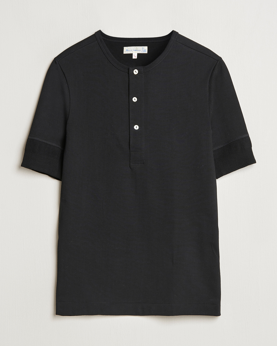Heren | T-shirts | Merz b. Schwanen | Short Sleeve Organic Cotton Henley Black