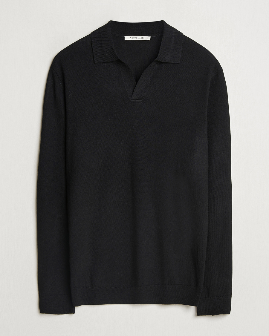 Heren | Truien | A Day's March | Manol Open Collar Merino Polo Black