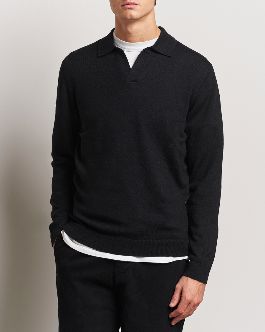 Heren | Truien | A Day's March | Manol Open Collar Merino Polo Black