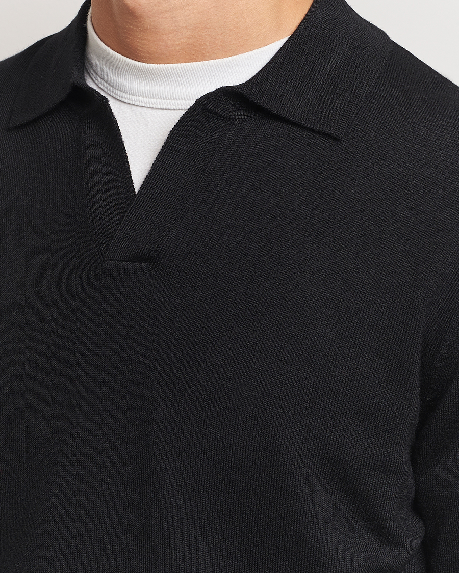 Heren | Truien | A Day's March | Manol Open Collar Merino Polo Black