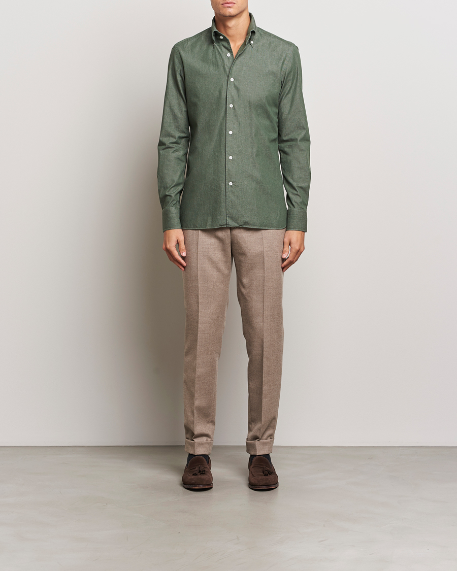 Heren | Overhemden | 100Hands | Button Down Denim Shirt Sage Green