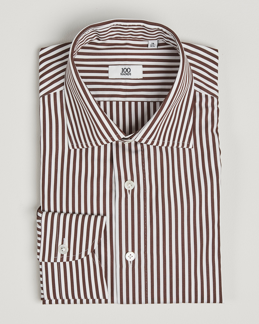 Heren | Overhemden | 100Hands | Striped Cut Away Cotton Shirt Brown