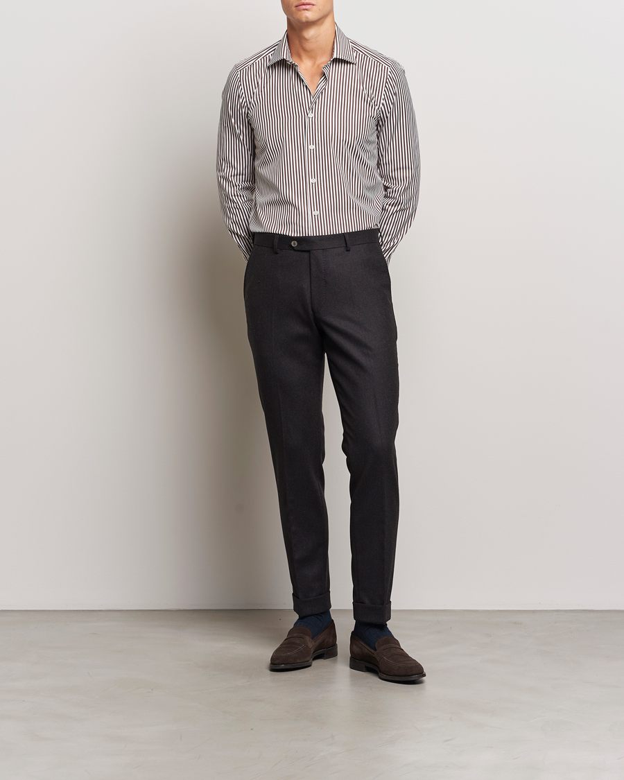 Heren | Overhemden | 100Hands | Striped Cut Away Cotton Shirt Brown