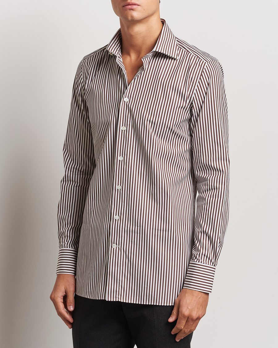 Heren | Overhemden | 100Hands | Striped Cut Away Cotton Shirt Brown