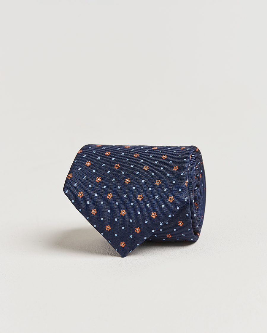 Heren | Stropdassen | E. Marinella | 3-Fold Printed Silk Tie Navy/Orange