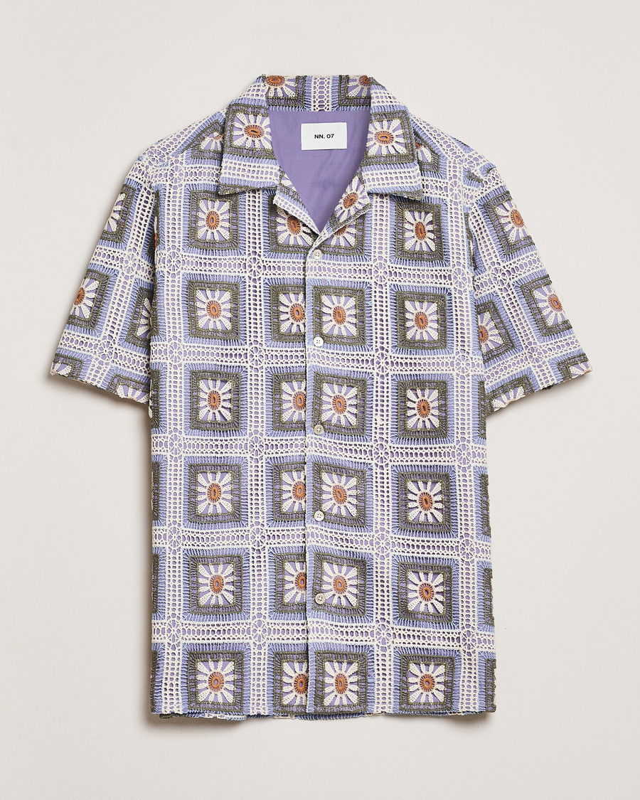 Heren | Overhemden | NN07 | Julio Crochet Flower Short Sleeve Shirt Violette Multi