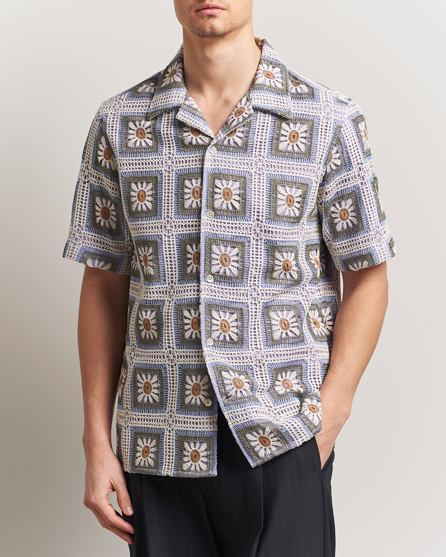Heren | Overhemden | NN07 | Julio Crochet Flower Short Sleeve Shirt Violette Multi