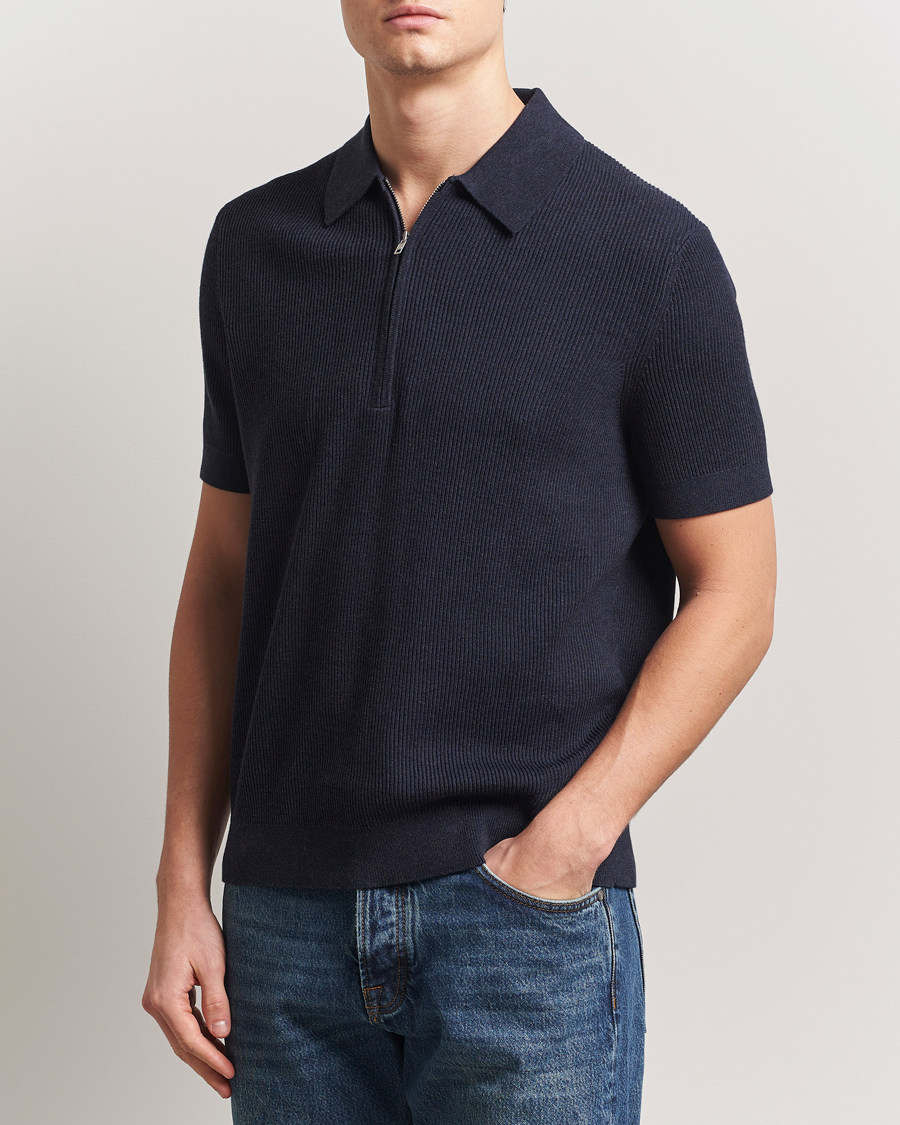 Heren | Polo's | NN07 | Hansie Half Zip Knitted Polo Navy Melange