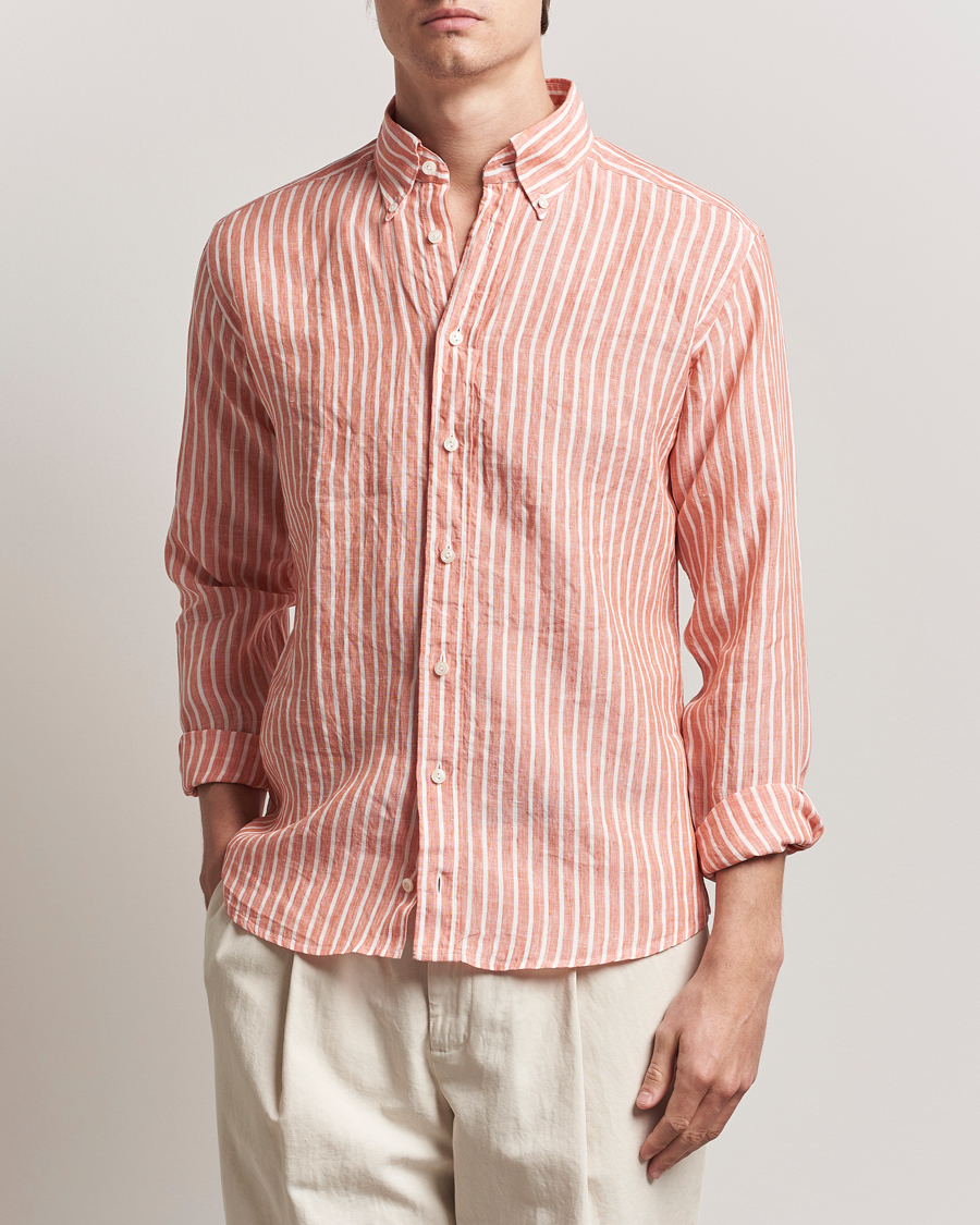 Heren | Overhemden | Eton | Slim Fit Striped Linen Shirt Orange/White