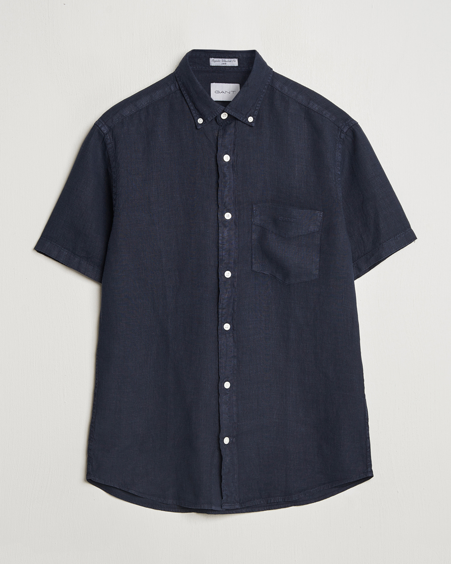Heren | Overhemden | Gant | Regular Fit Garment Dyed Short Sleeve Linen Shirt Evening Blue