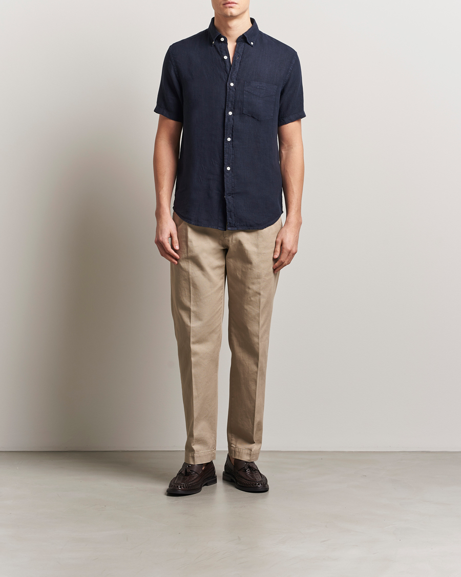 Heren | Overhemden | GANT | Regular Fit Garment Dyed Short Sleeve Linen Shirt Evening Blue