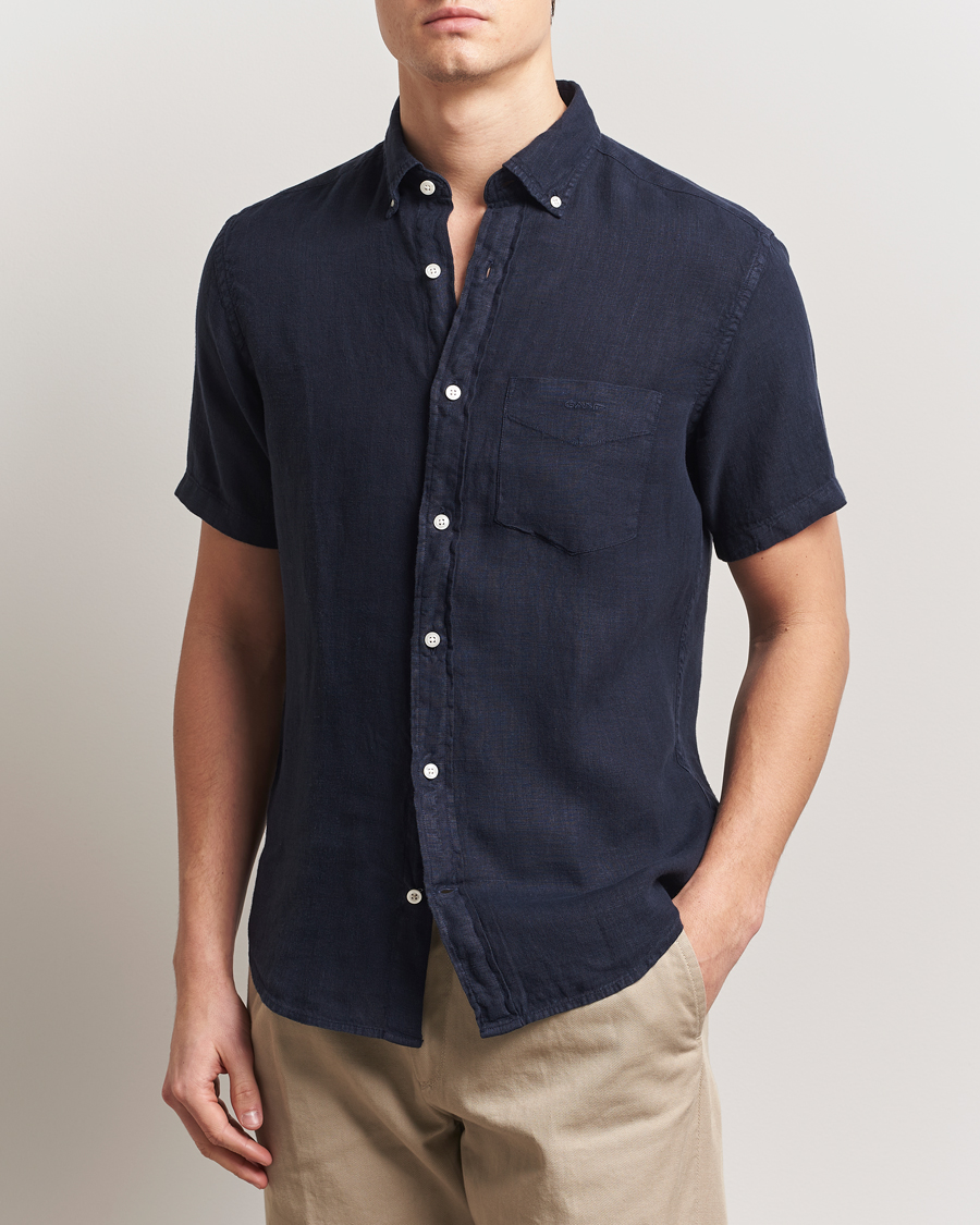 Heren | Overhemden | Gant | Regular Fit Garment Dyed Short Sleeve Linen Shirt Evening Blue