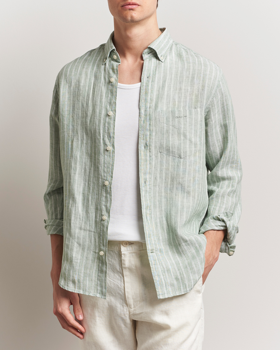 Heren | Overhemden | GANT | Regular Fit Linen Striped Shirt Kalamata Green