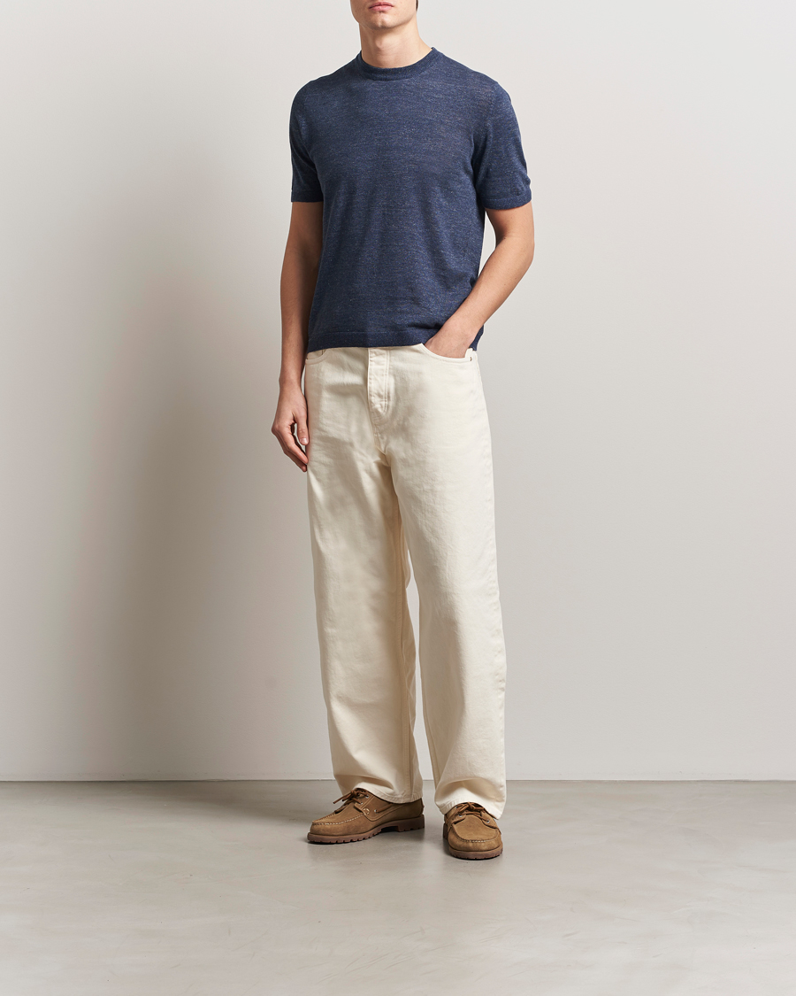 Heren | T-shirts | Altea | Cotton/Linen Short Sleeve T-Shirt Navy