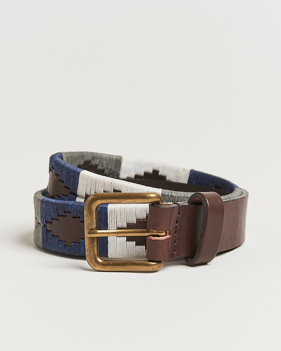 Heren | Riemen | Pampeano | Roca Hand Stitched Classic Leather Belt 3,5cm Blue/Grey/White