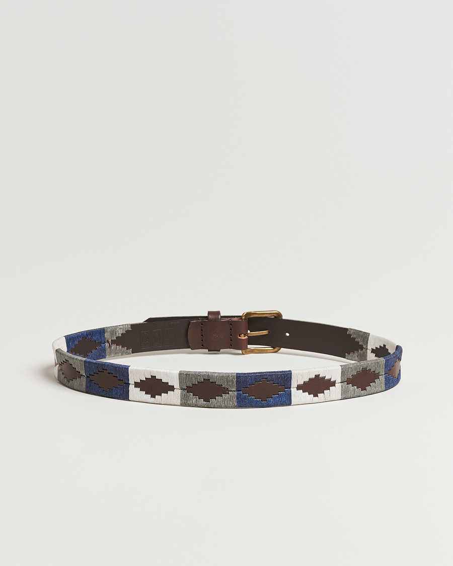 Heren | Riemen | Pampeano | Roca Hand Stitched Classic Leather Belt 3,5cm Blue/Grey/White