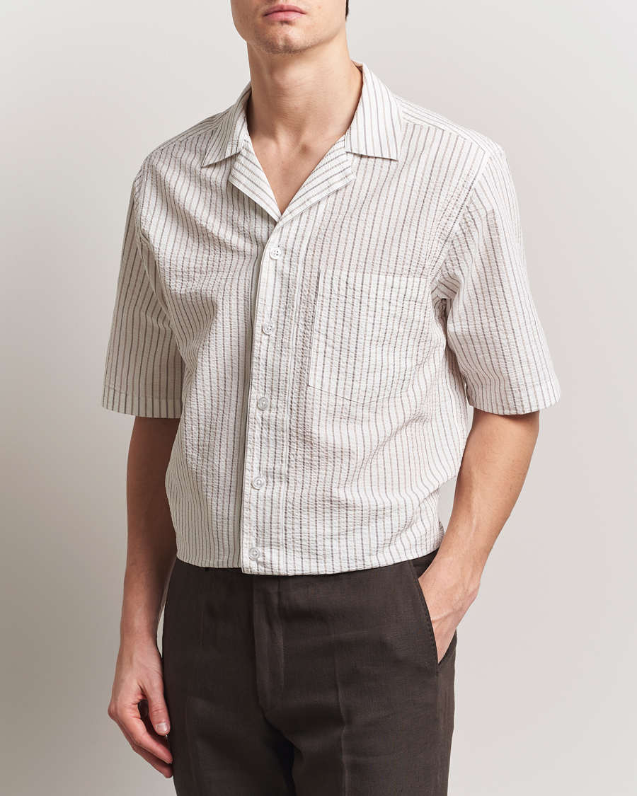 Heren | Overhemden | Oscar Jacobson | Cuban Short Sleeve Seersucker Shirt White