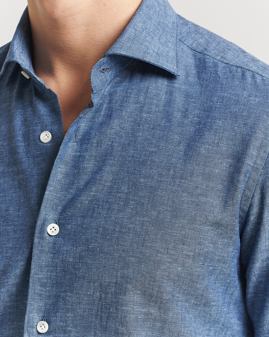 Heren | Overhemden | Mazzarelli | Soft Linen Cut Away Shirt Dark Blue