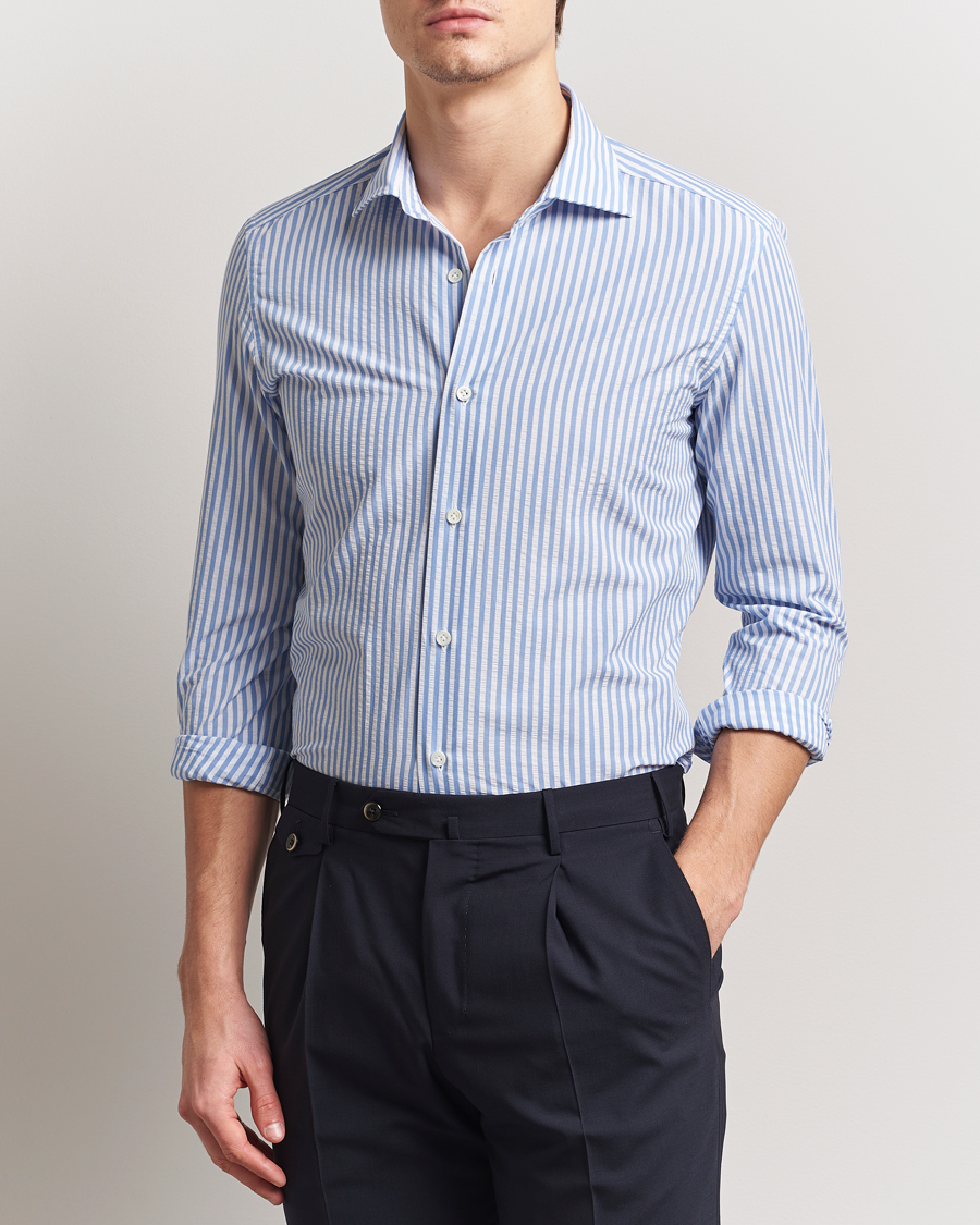 Heren | Overhemden | Mazzarelli | Soft Cotton Seersucker Shirt Light Blue Stripe
