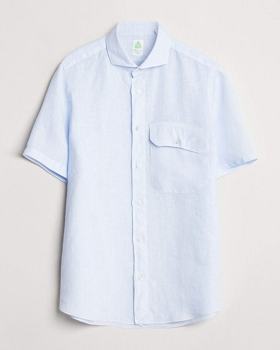 Heren | Overhemden | Finamore Napoli | Linen Short Sleeve Sport Shirt Light Blue