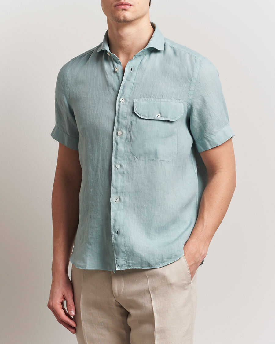 Heren | Overhemden | Finamore Napoli | Linen Short Sleeve Sport Shirt Teal