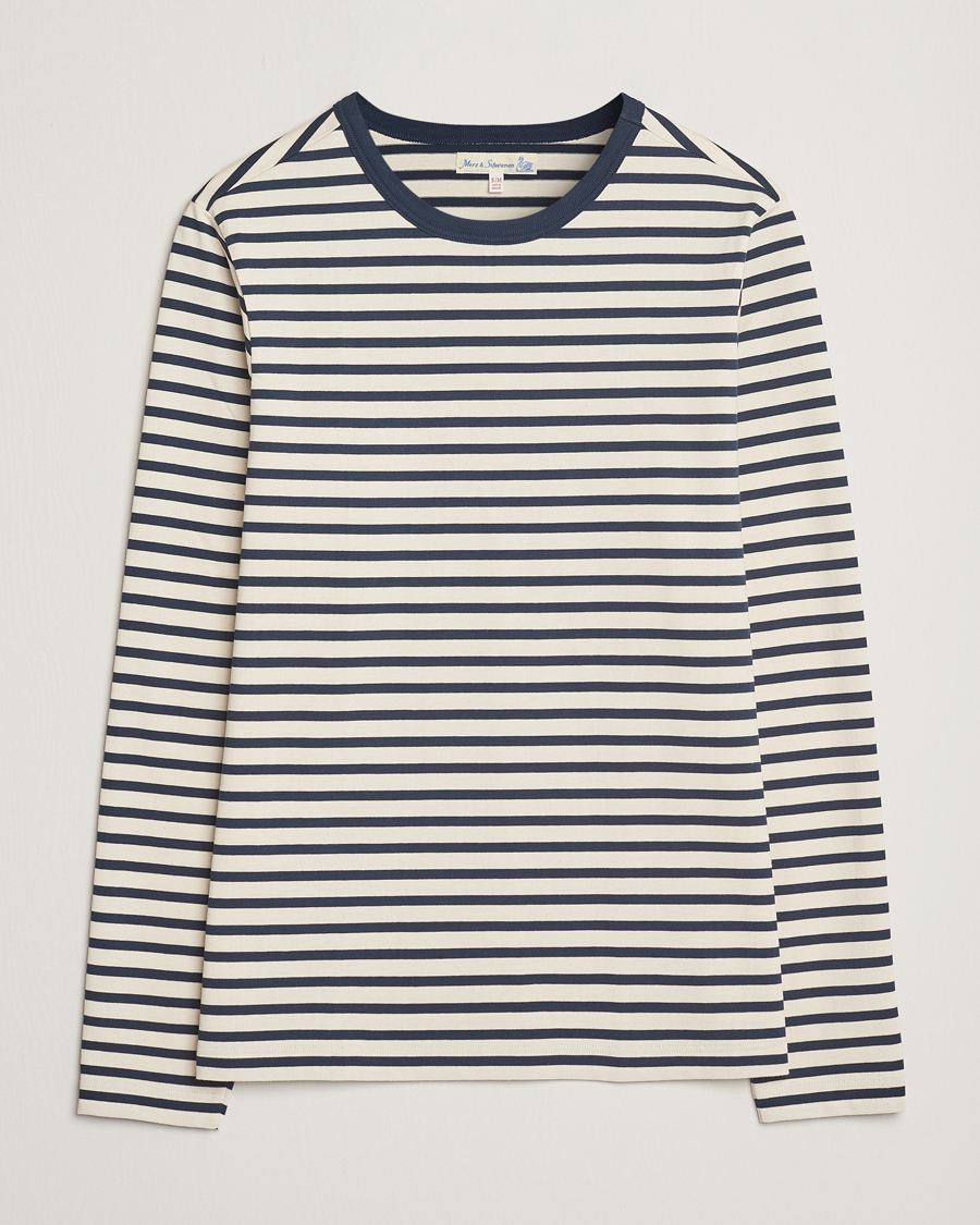 Heren | T-shirts | Merz b. Schwanen | Relaxed Fit Striped Long Sleeve T-Shirt Ink/Nature