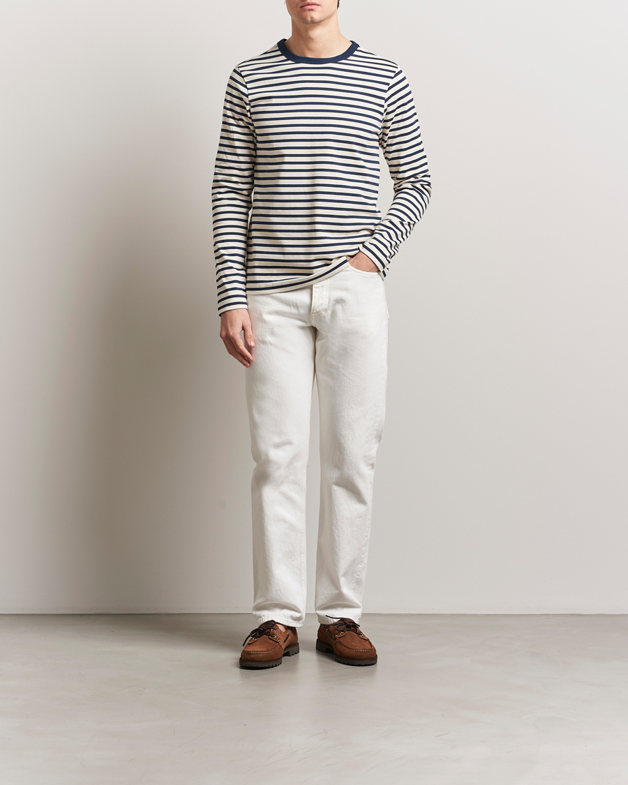 Heren | T-shirts | Merz b. Schwanen | Relaxed Fit Striped Long Sleeve T-Shirt Ink/Nature