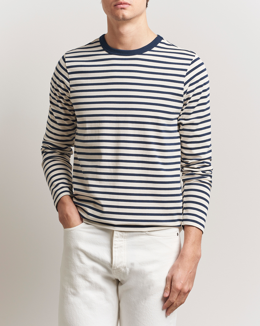 Heren | T-shirts | Merz b. Schwanen | Relaxed Fit Striped Long Sleeve T-Shirt Ink/Nature