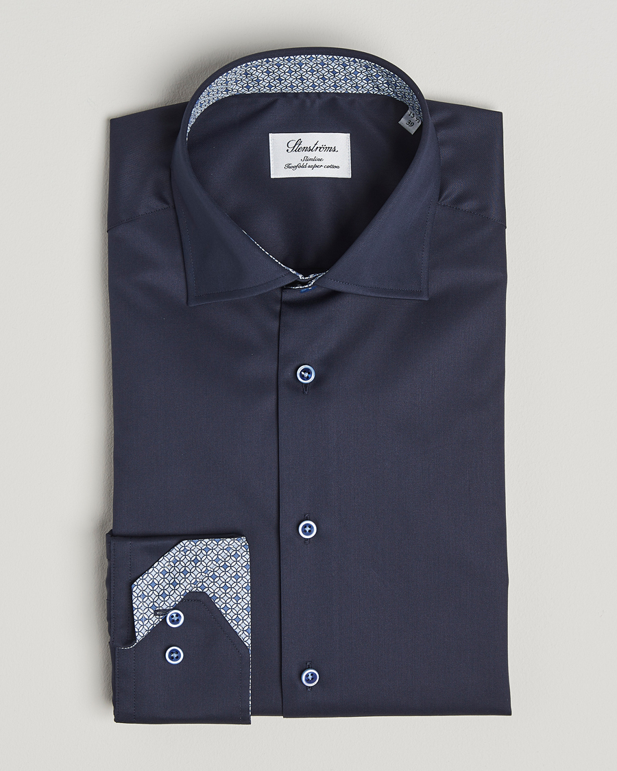 Heren | Overhemden | Stenströms | Silmline Contrast Cotton Twill Shirt Navy