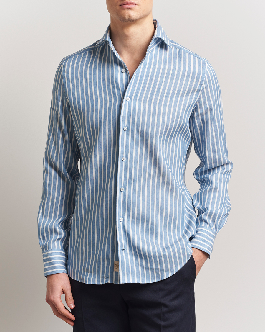 Heren | Overhemden | Stenströms | 1899 Slimline Striped Linen/Lyocell Shirt Blue