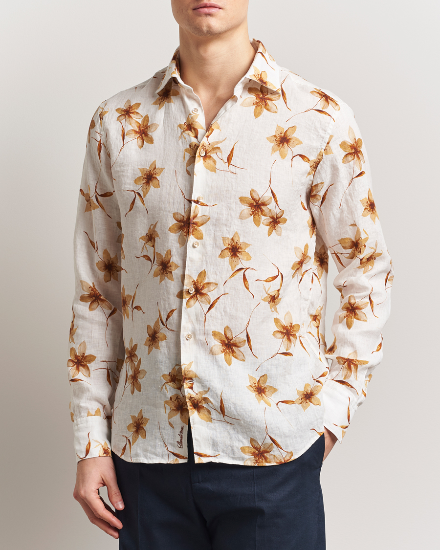 Heren | Overhemden | Stenströms | Fitted Body Flower Printed Linen Shirt White