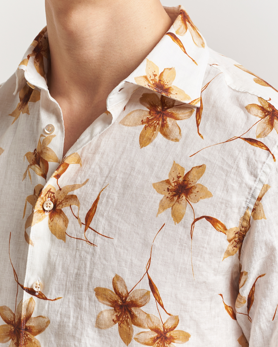 Heren | Overhemden | Stenströms | Fitted Body Flower Printed Linen Shirt White