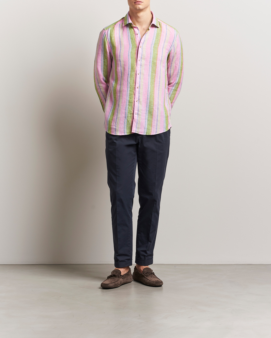 Heren | Overhemden | Stenströms | Slimline Multi Striped Linen Shirt Pink