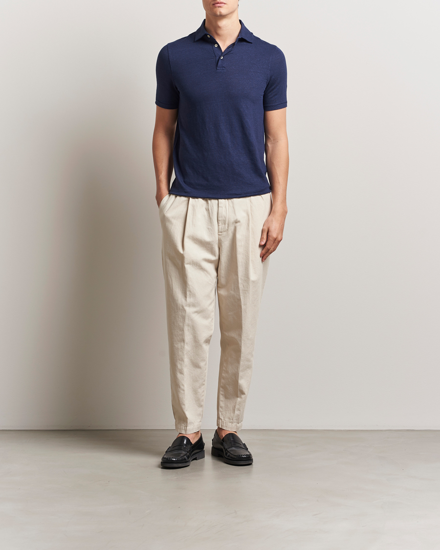 Heren | Polo's | Stenströms | Linen Polo Shirt Navy