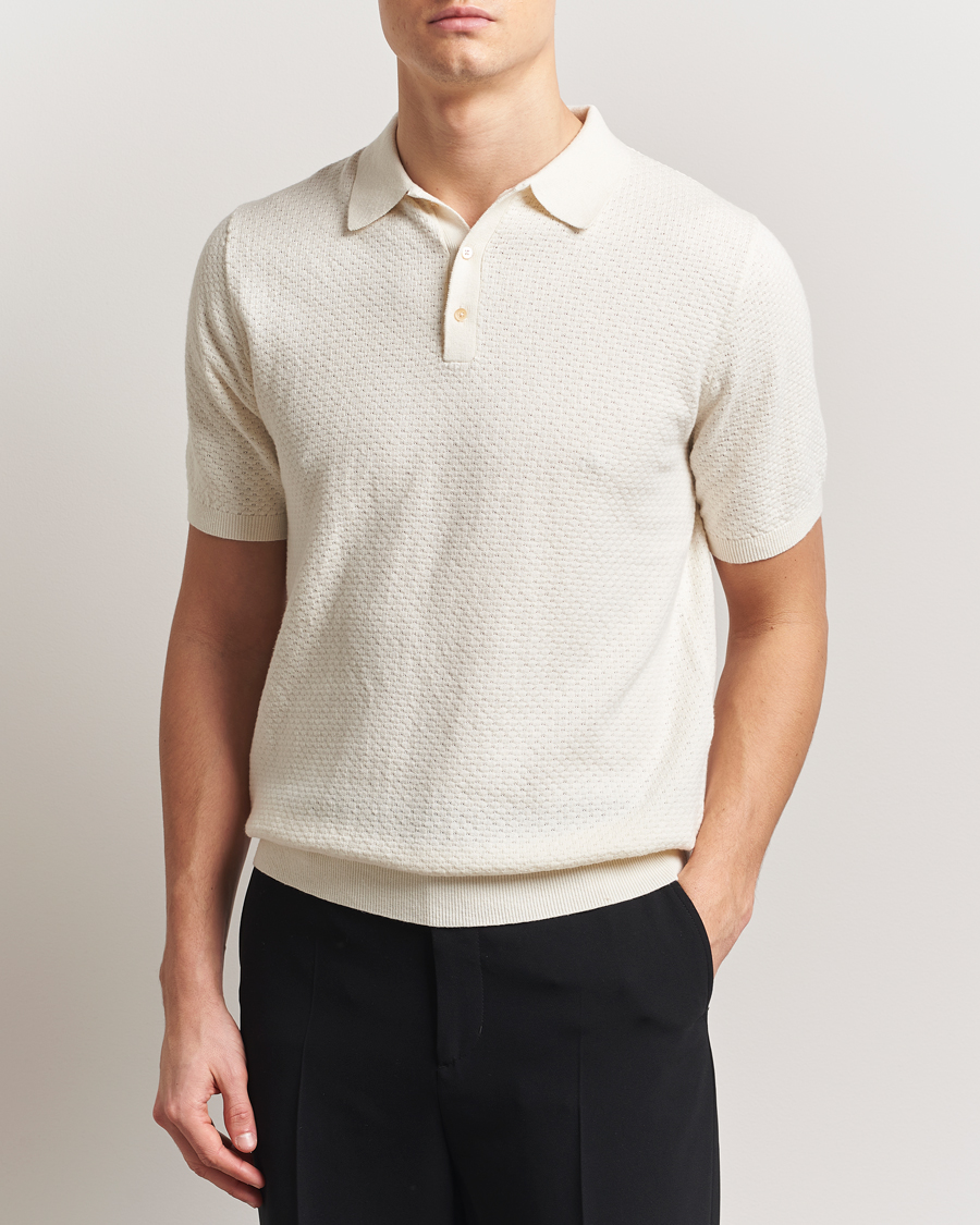 Heren | Polo's | Stenströms | Knitted Textured Cotton/Hemp Polo White