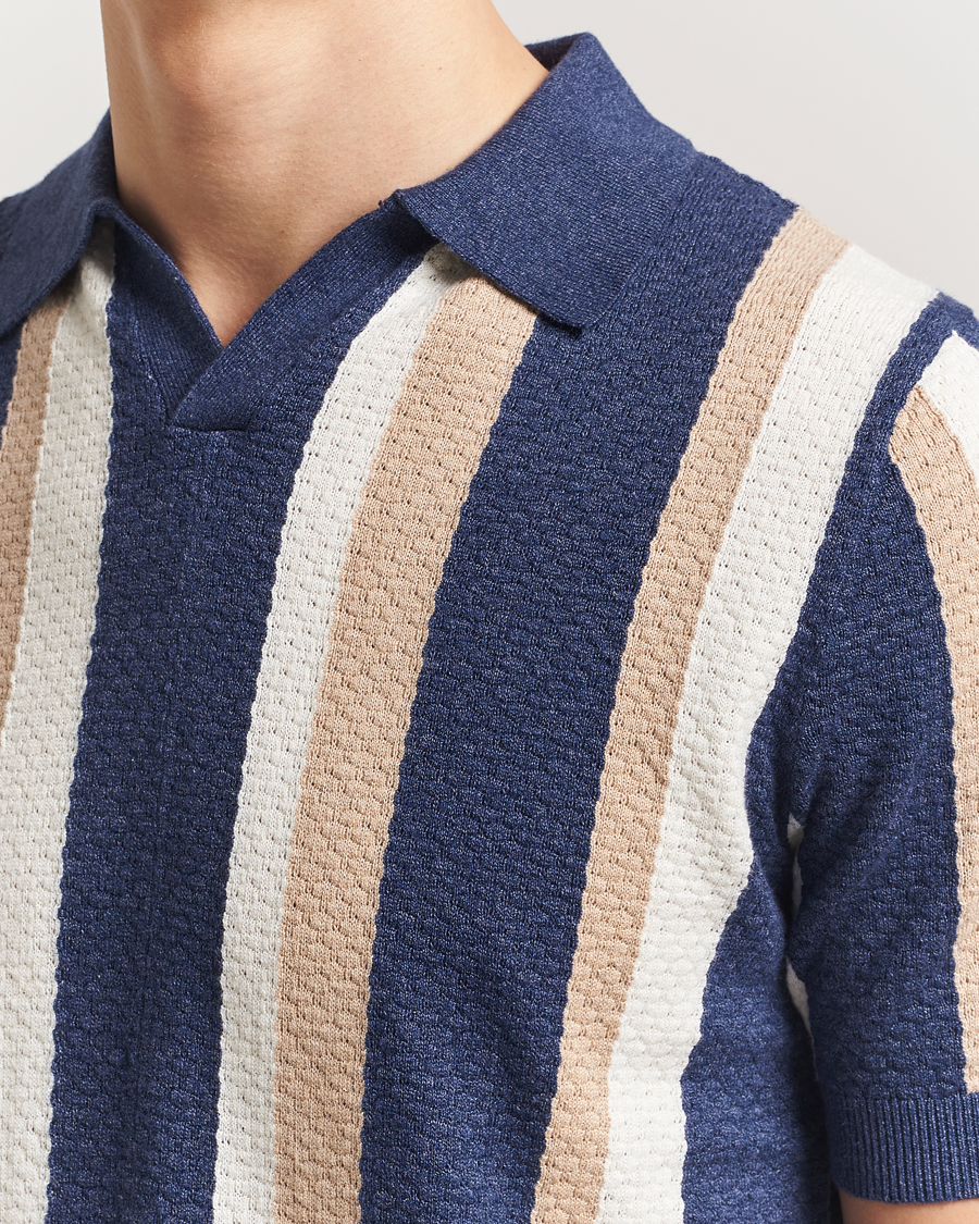 Heren | Polo's | Stenströms | Knitted Textured Striped Cotton/Hemp Polo Dark Blue