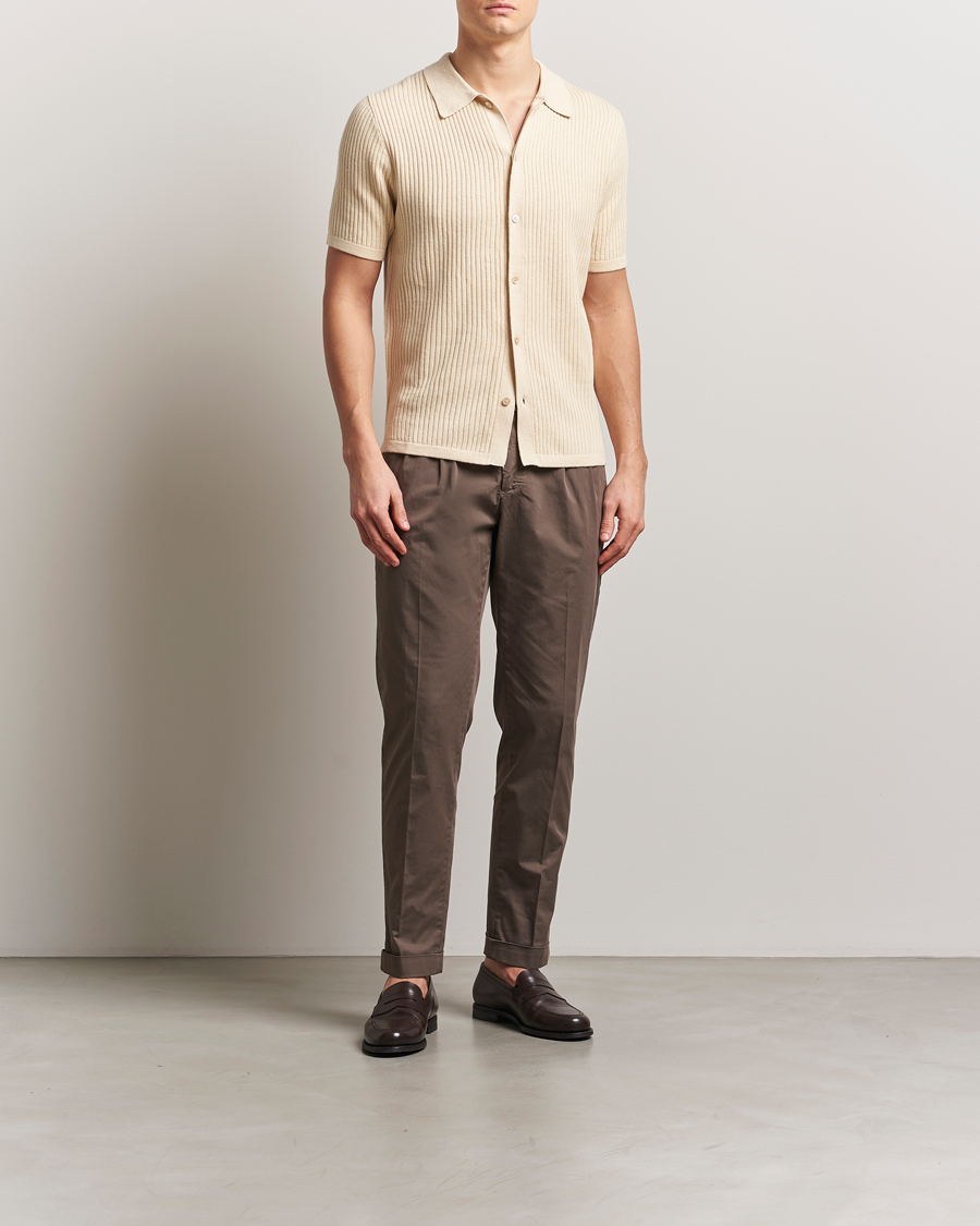 Heren | Overhemden | Stenströms | Knitted Buttonthru Polo Shirt Beige
