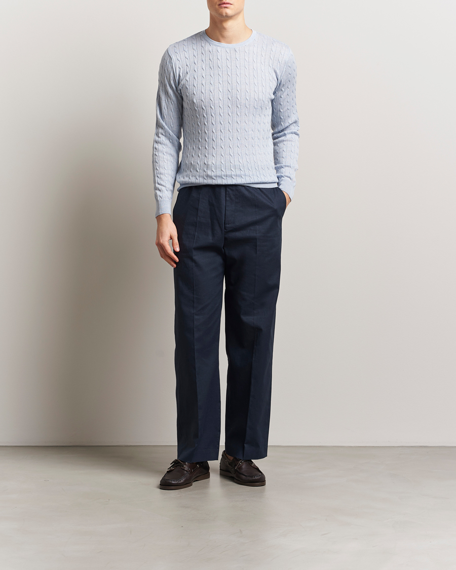 Heren | Truien | Stenströms | Merino Cable Crew Neck Light Blue