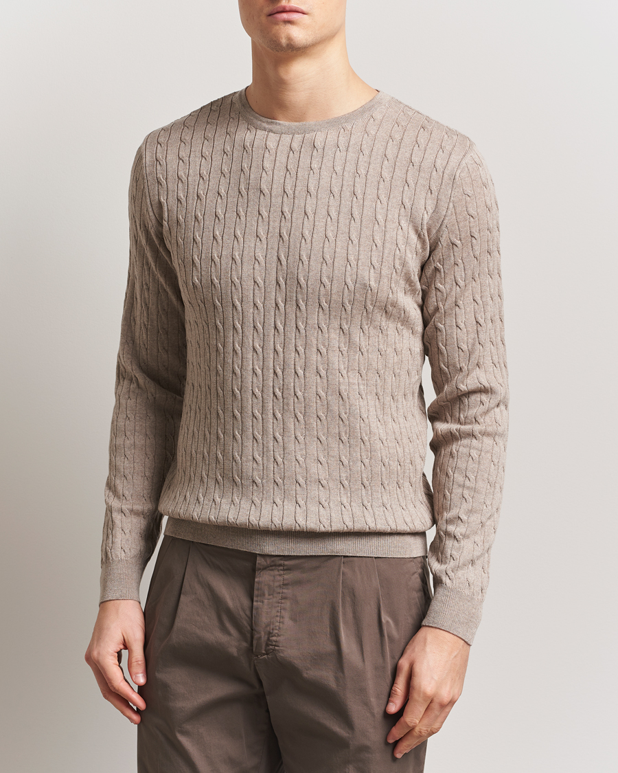 Heren | Truien | Stenströms | Merino Cable Crew Neck Beige