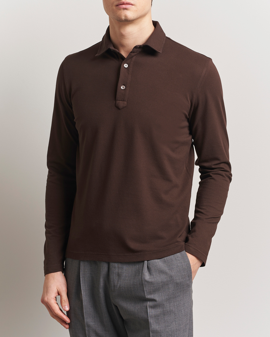 Heren | Polo's | Zanone | Soft Cotton Piquet Long Sleeve Polo Dark Brown