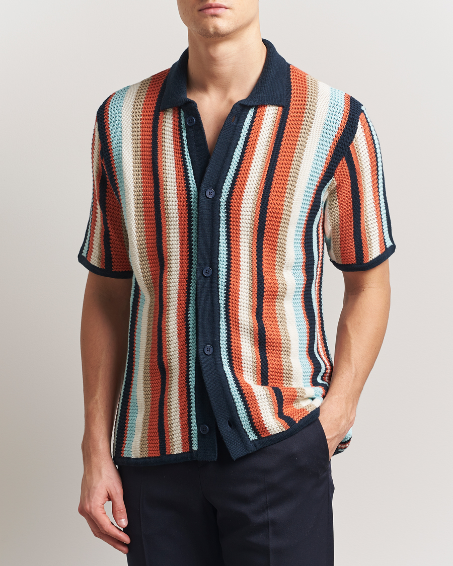 Heren | Overhemden | KnowledgeCotton Apparel | Knitted Multi Stripe Short Sleeve Shirt Blue